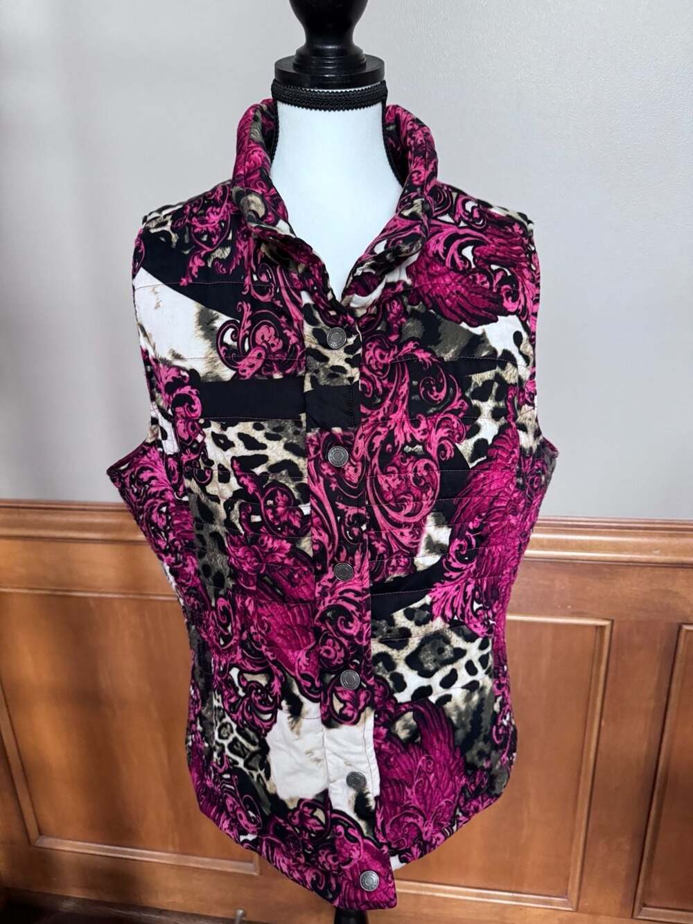 Bandolino Ava Puffer Vest Size L Pink Black Animal Print Full Zip